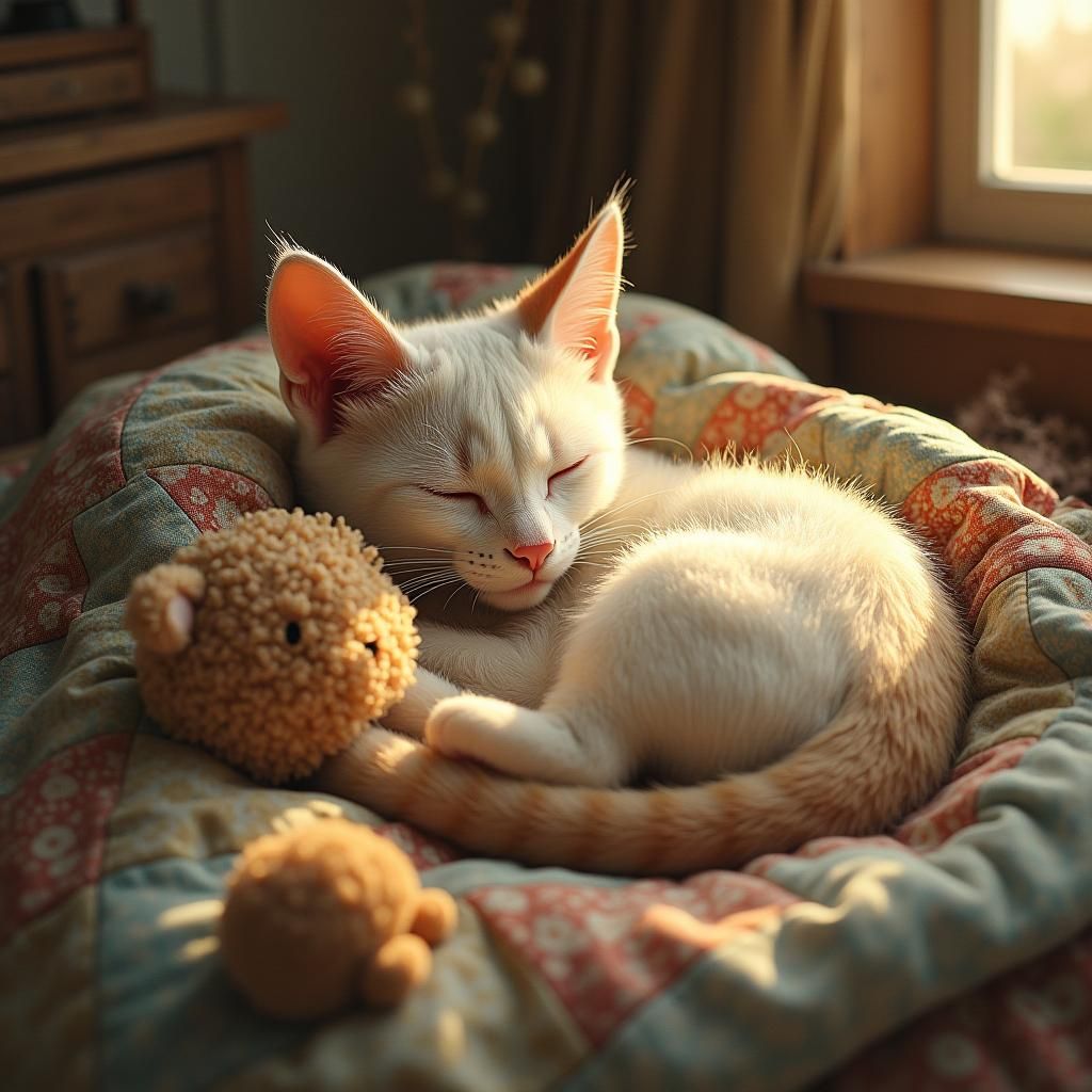 Ragdoll Cat Curled on Quilt in Cozy, Whimsical Style