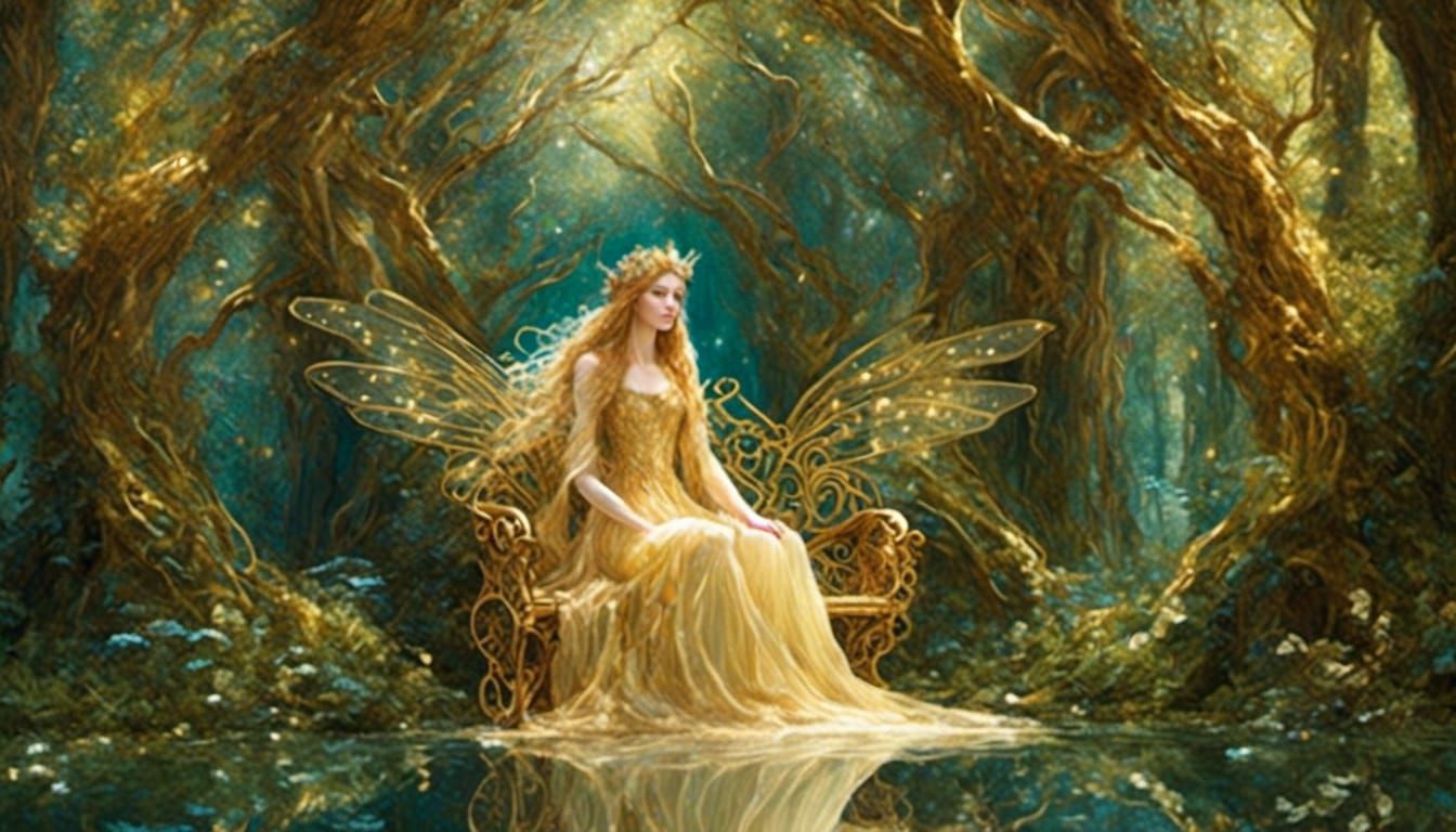 Fairy King Oberon on Carved Throne in Golden Holm