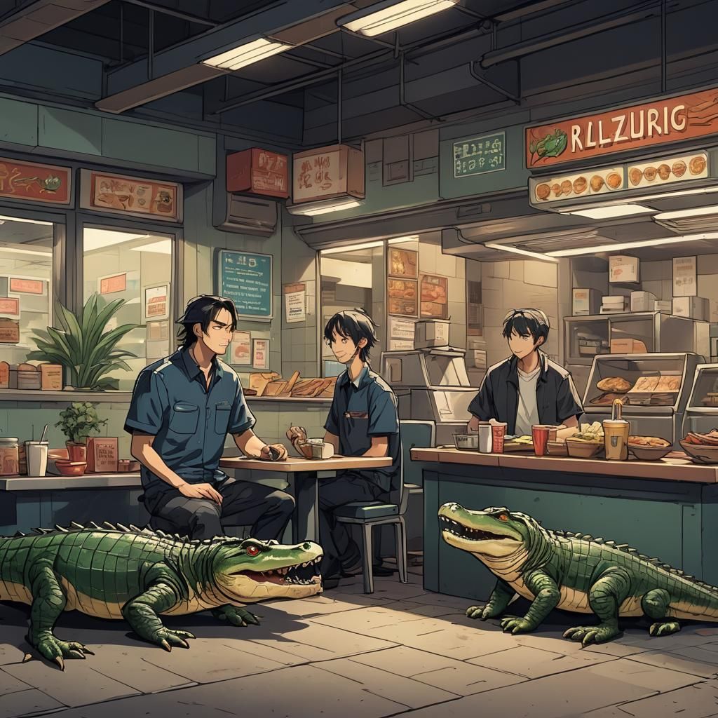 Man and Alligator Order Food in Anime Style