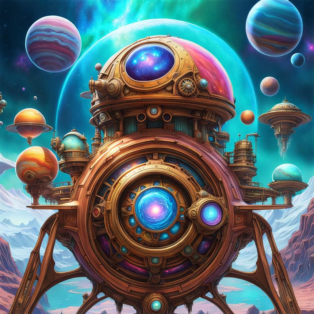 Aetherpunk Machine Planets with Cyborg Fish, Digital Art