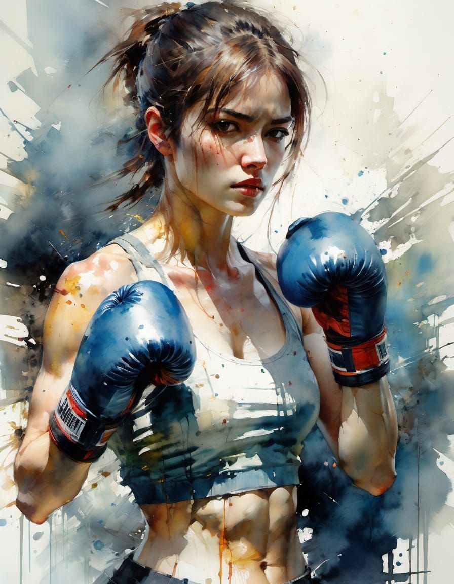 Action Watercolor Painting of Woman Boxer Sparring