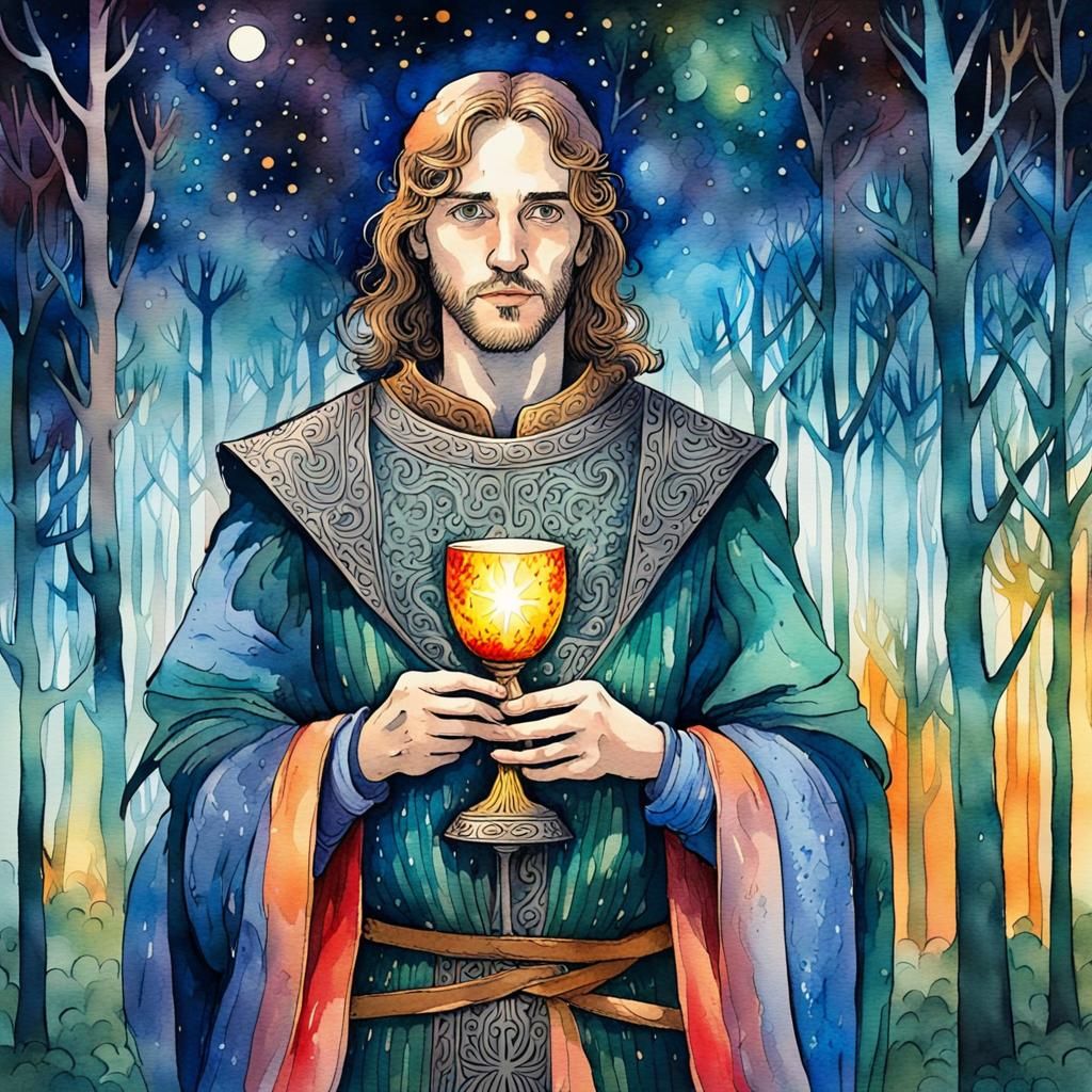 Lancelot with Holy Grail, Watercolor Painting