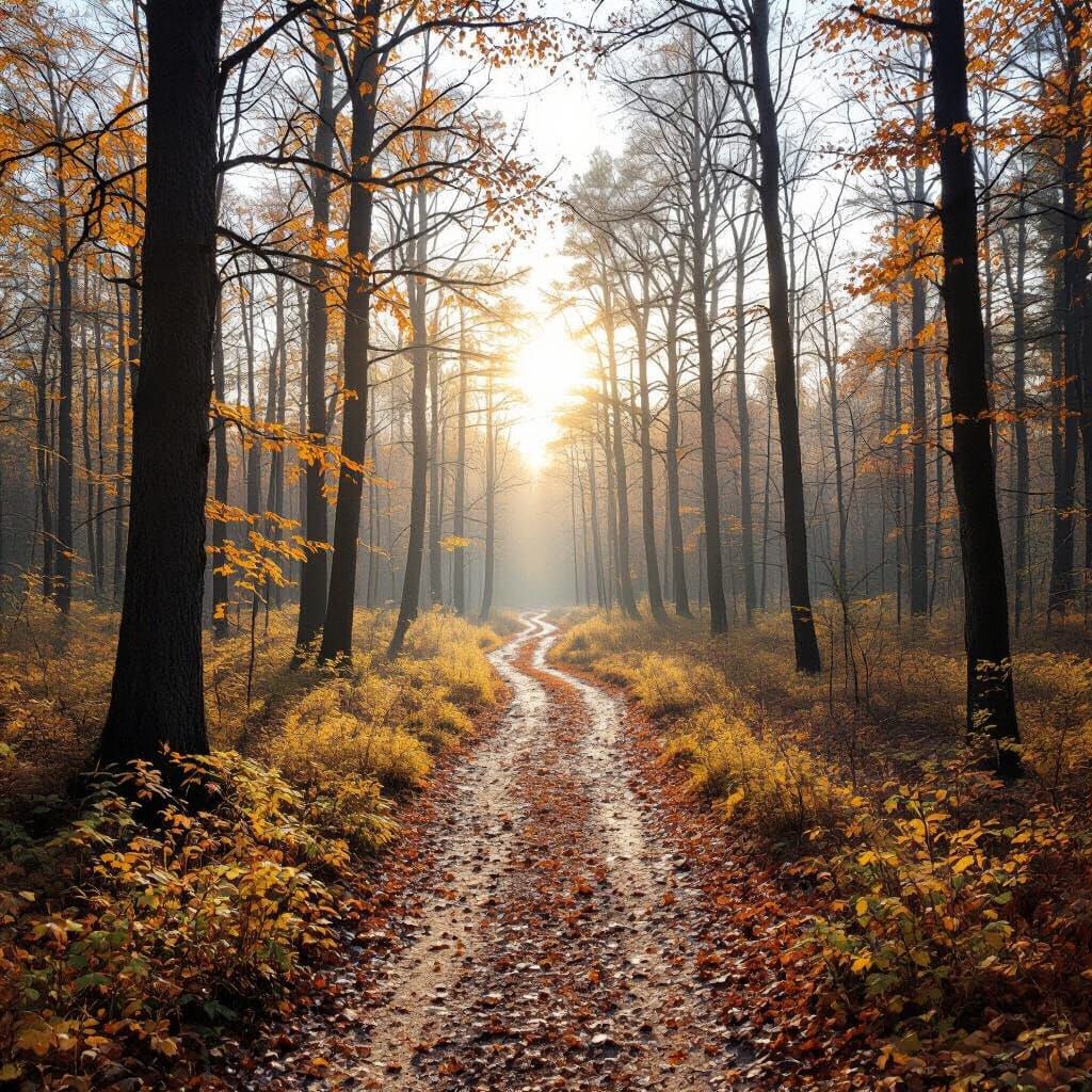 Autumn Forest With Sunbeams and Fallen Leaves