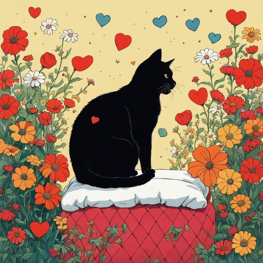 Cute Cat Among Flowers in Ligne Claire Style