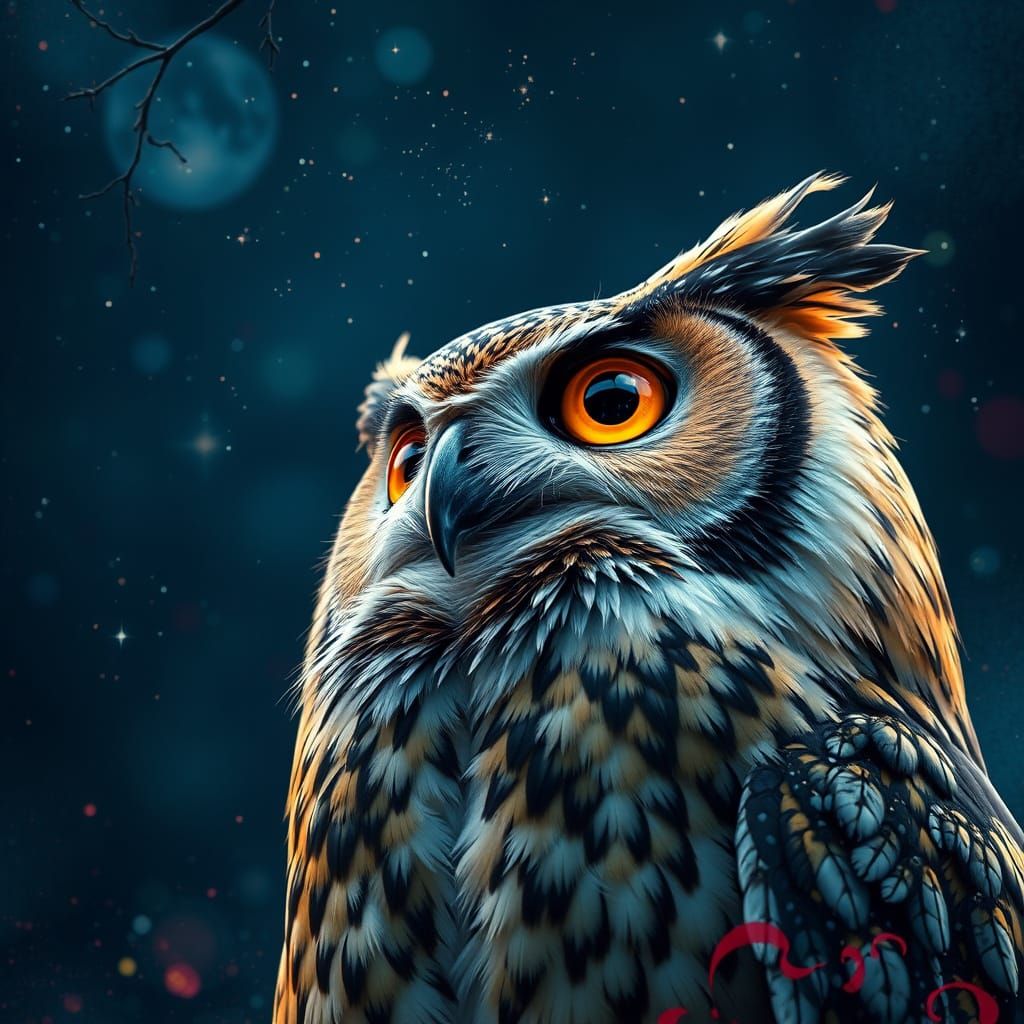 Owl Stargazing with Starry Reflection