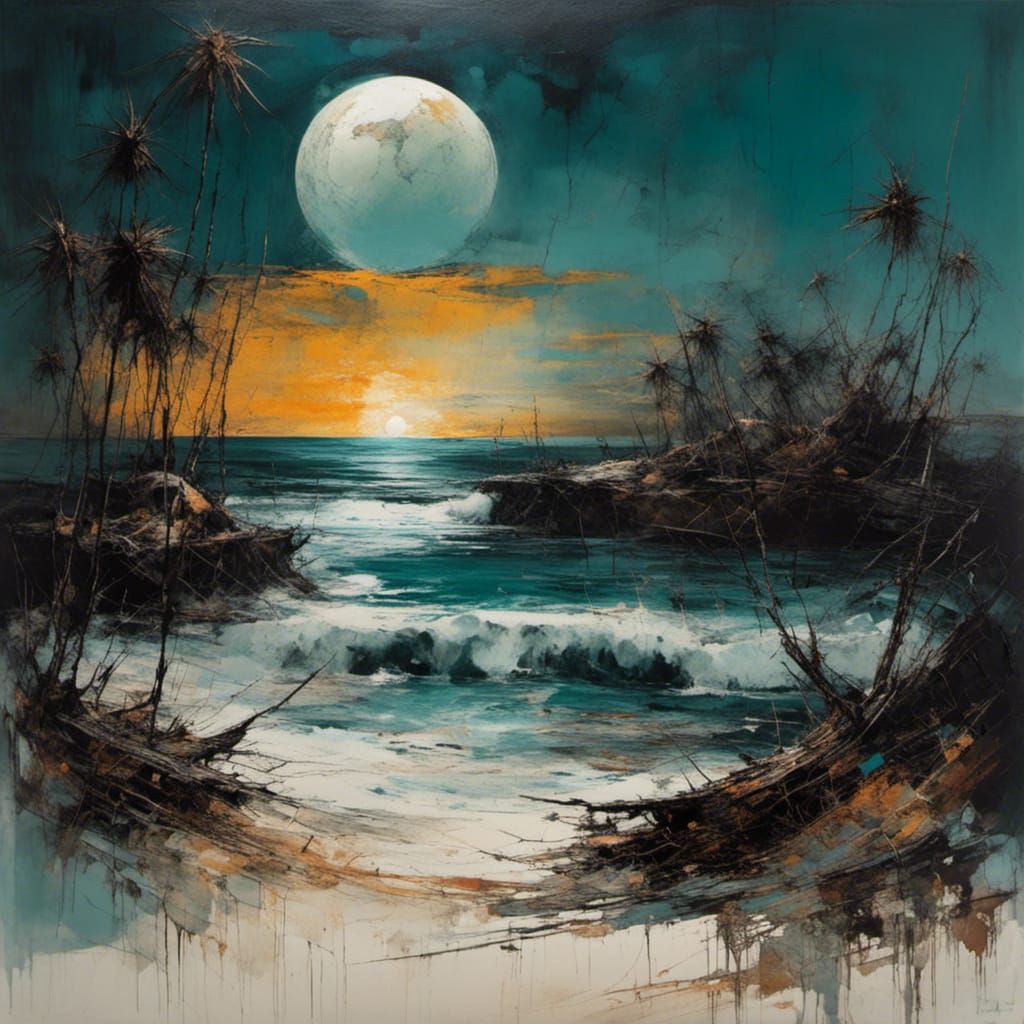 Eclipse Over Island in Wood Art Style