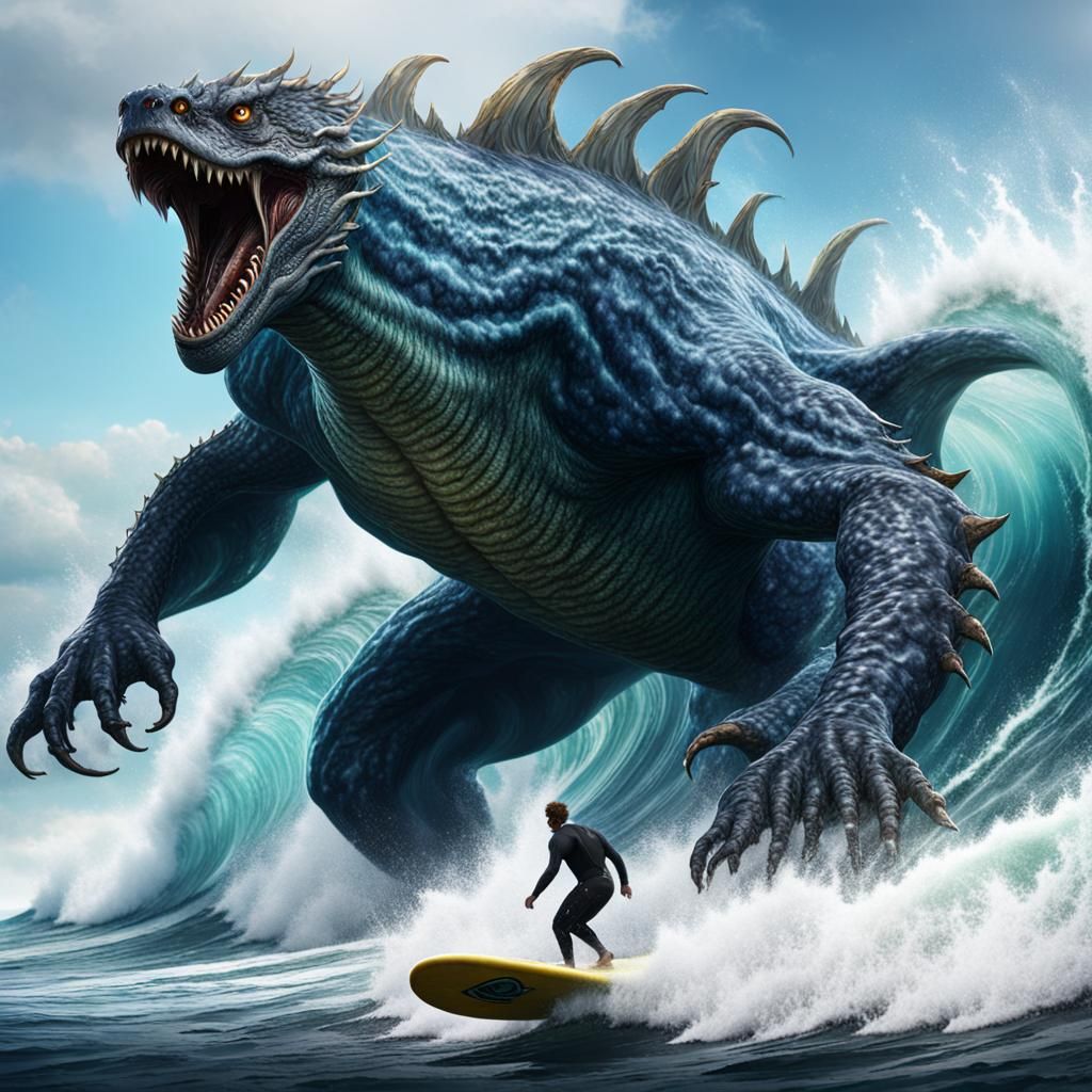 Giant Sea Monster Surfing a Huge Wave