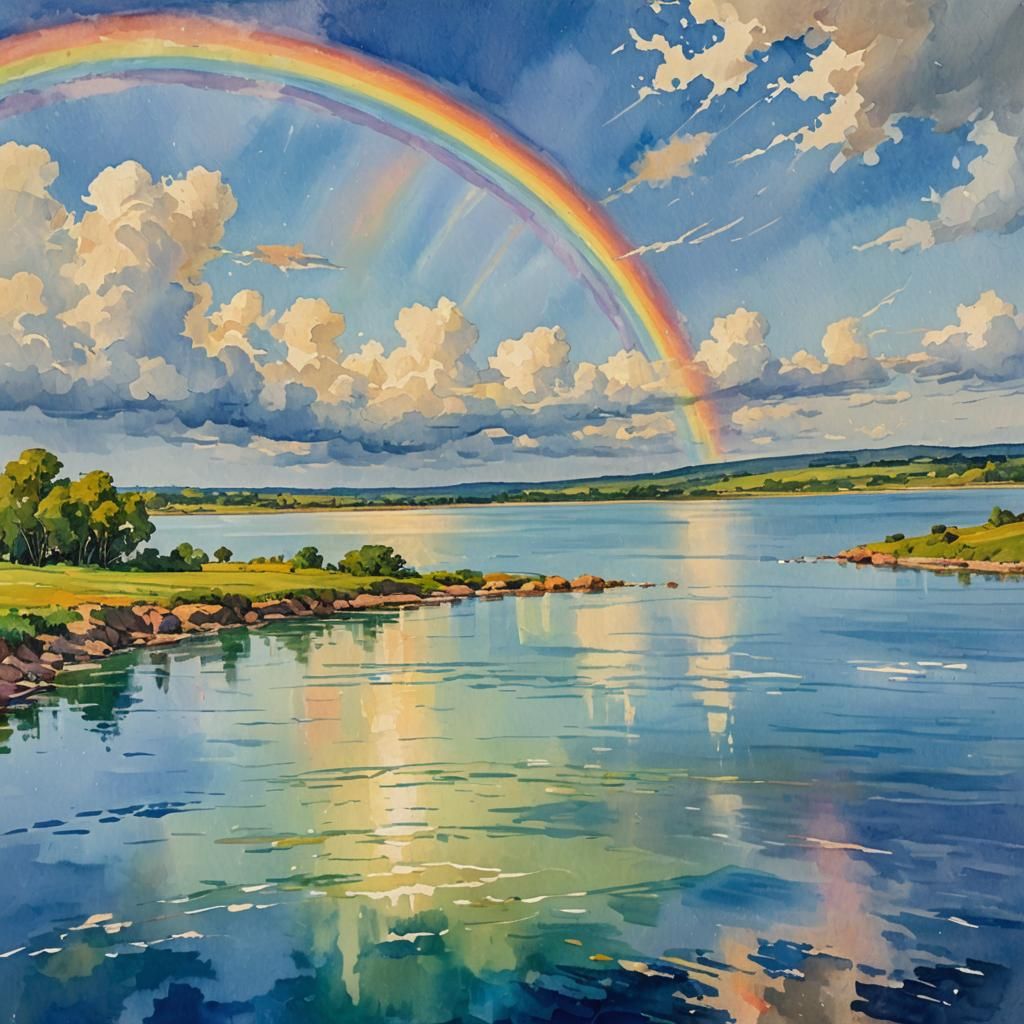 Rainbow Over Water: An Impressionist Gouache Painting
