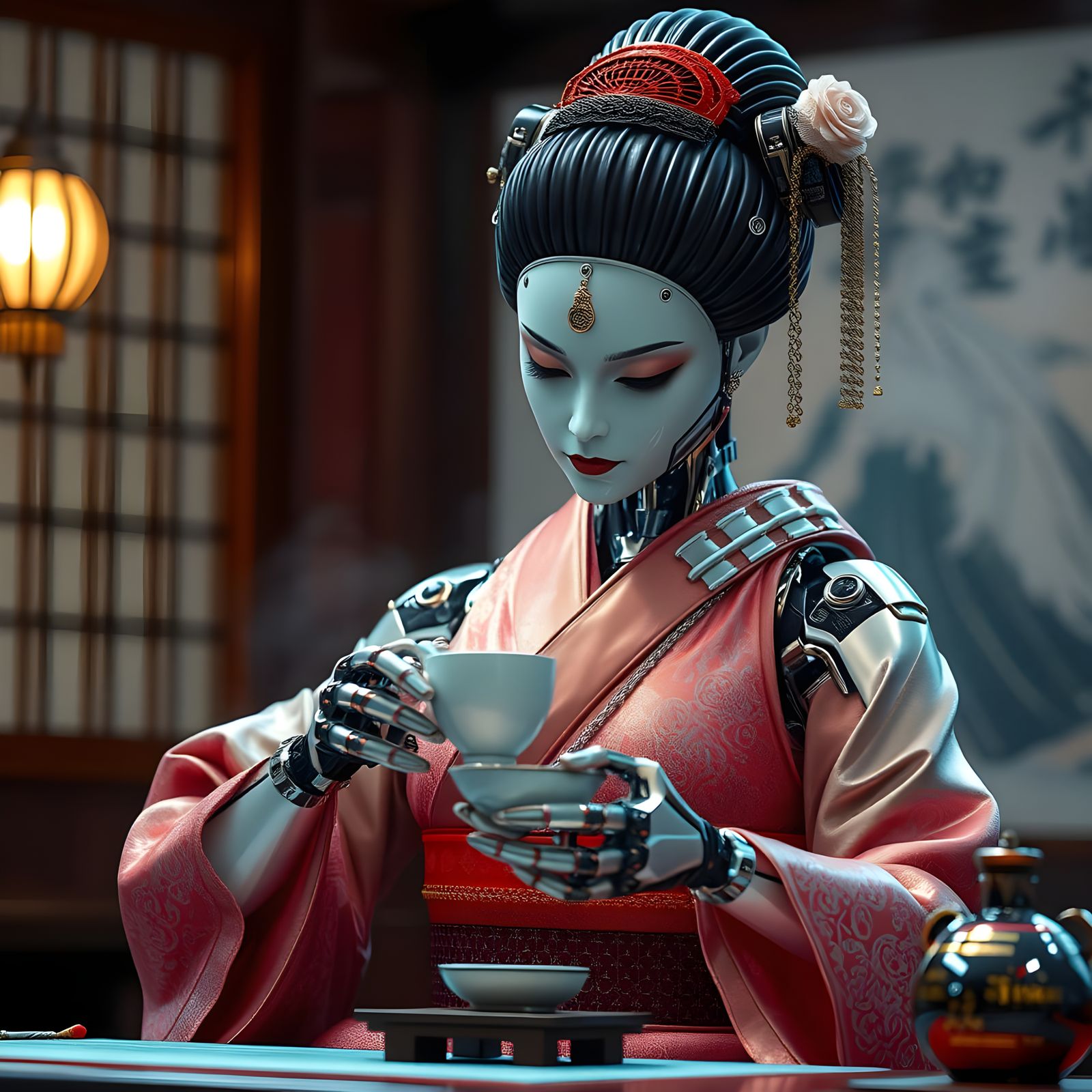 Elegant Robotic Geisha in Cyberpunk Tea Ceremony