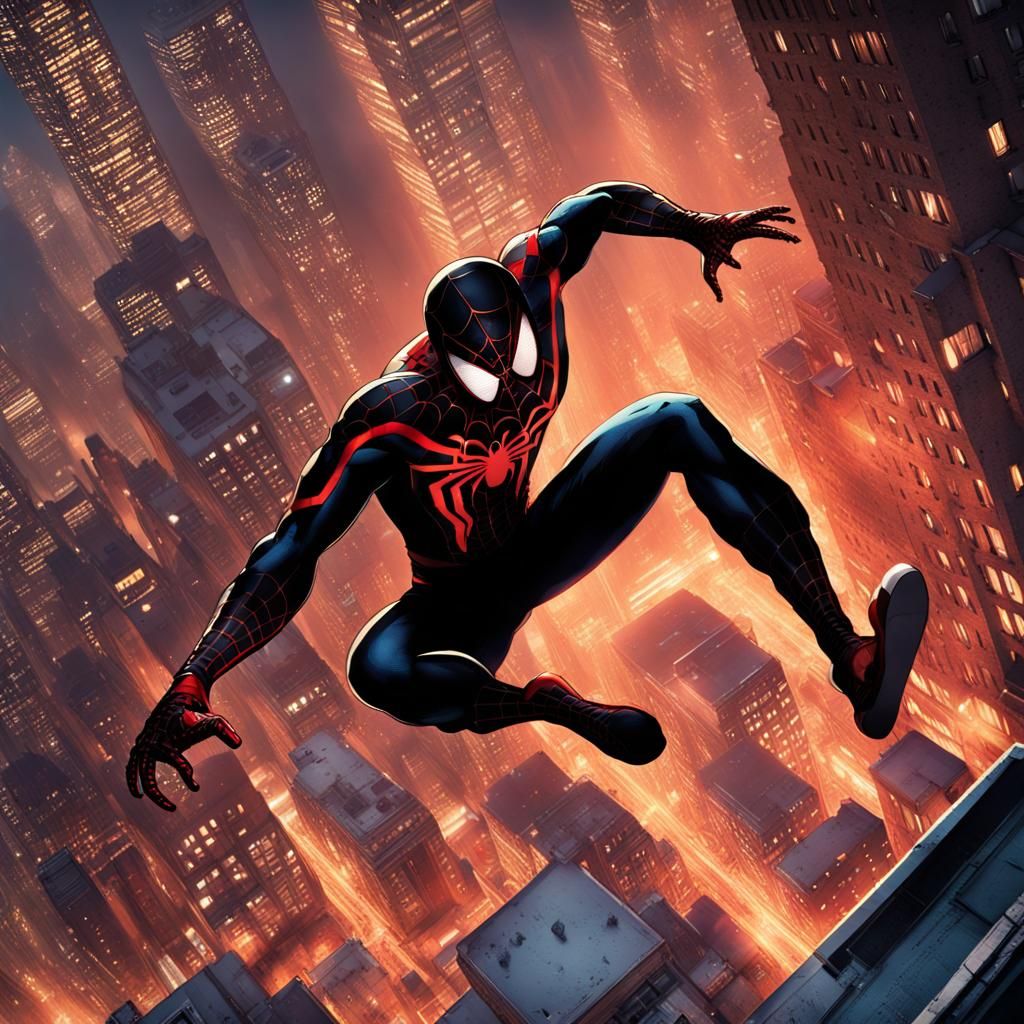 Spider-Man Leaps Through Cityscape in Digital Art