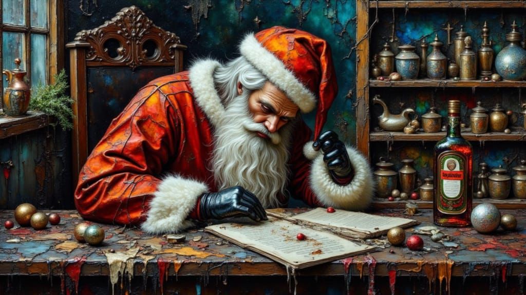 Santa Claus Passed Out in Workshop as Surreal Impasto Painti...
