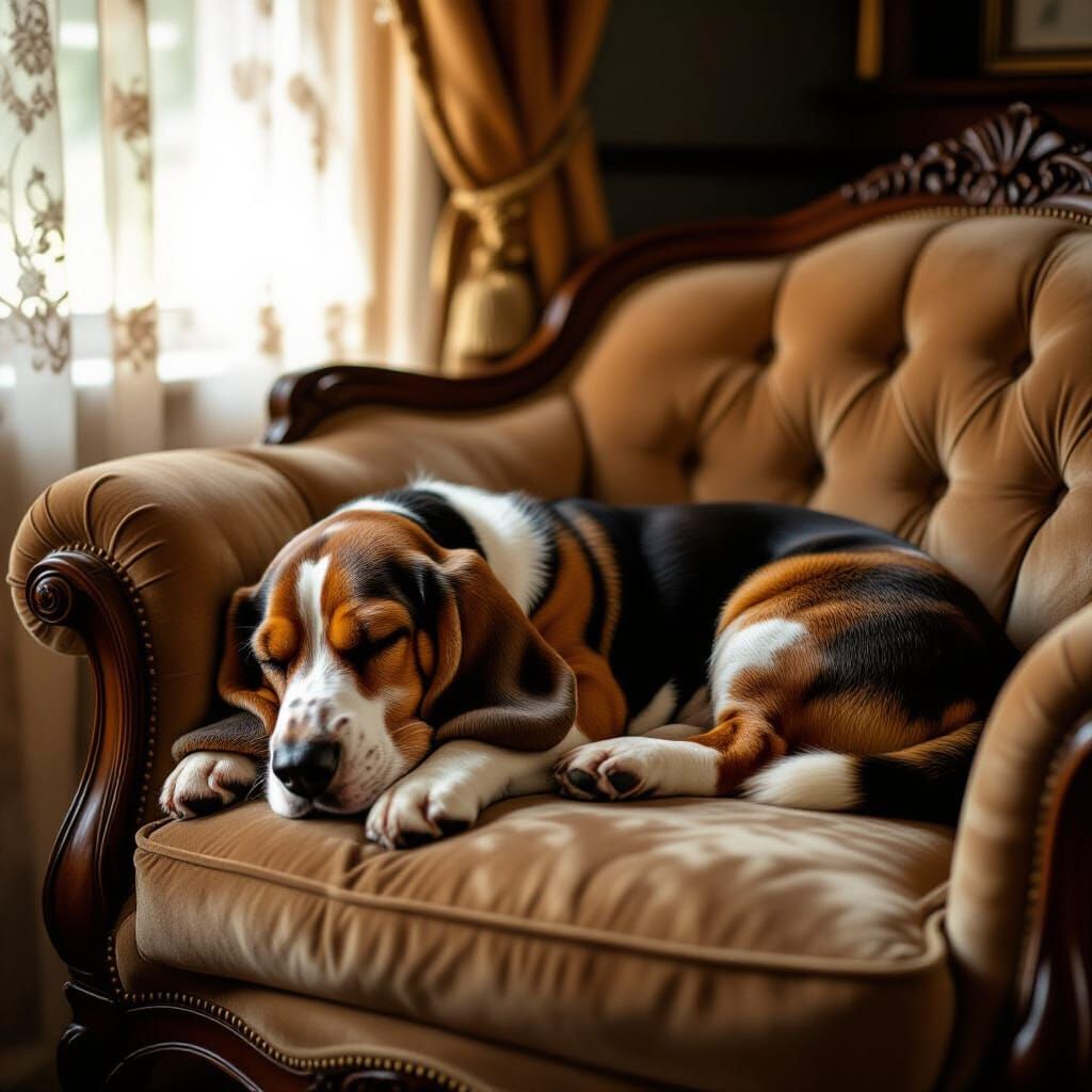 Basset Hound Sleeping on Velvet Chaise Lounge in Vintage Stu...