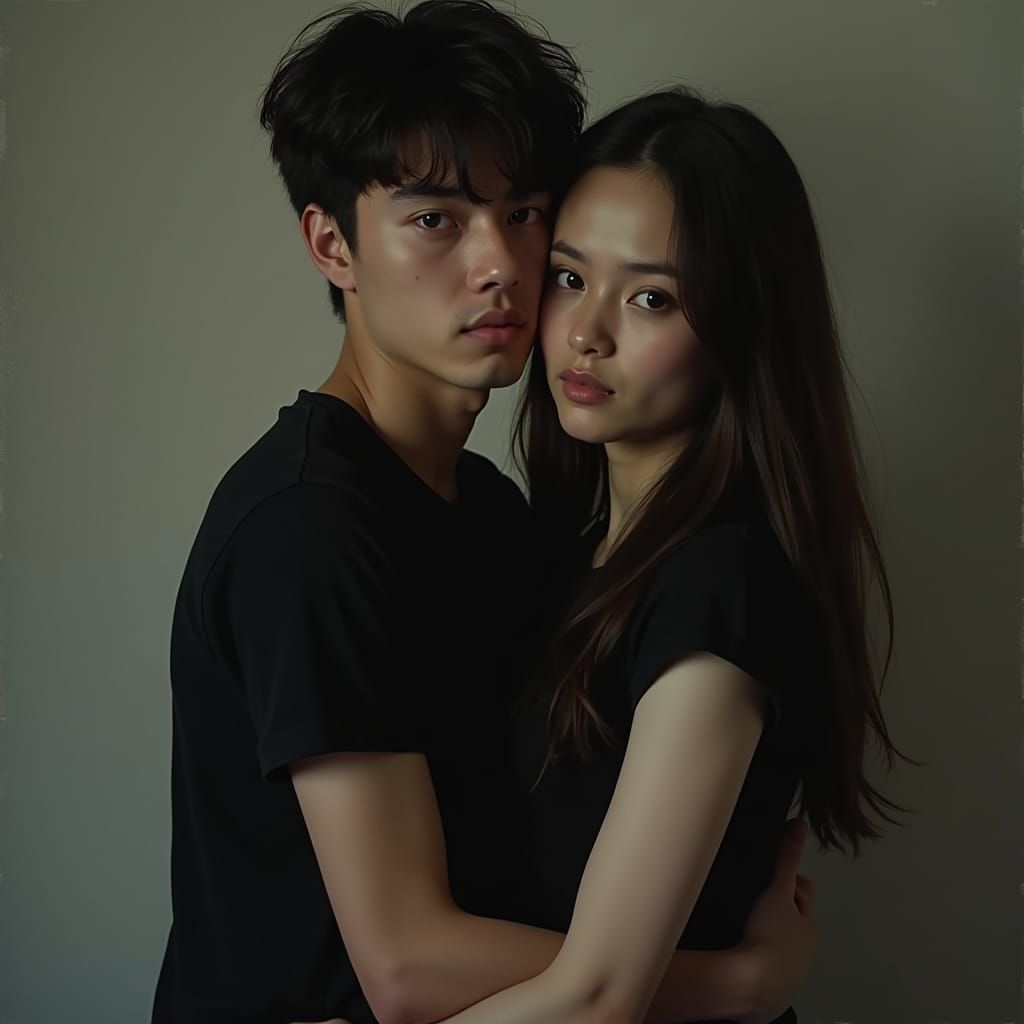 Young Couple Embrace in Moody Cinematic Portrait