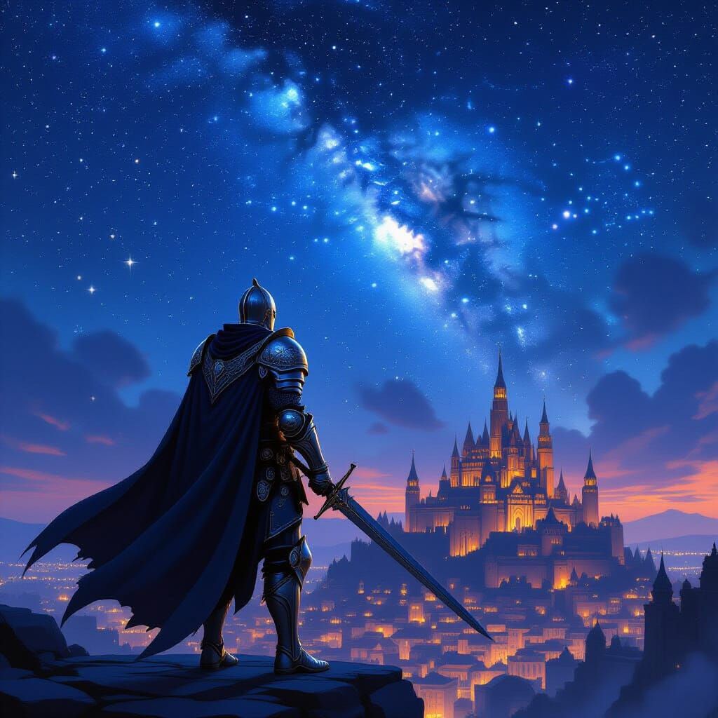Heroic Knight Silhouetted Against Starry Sky