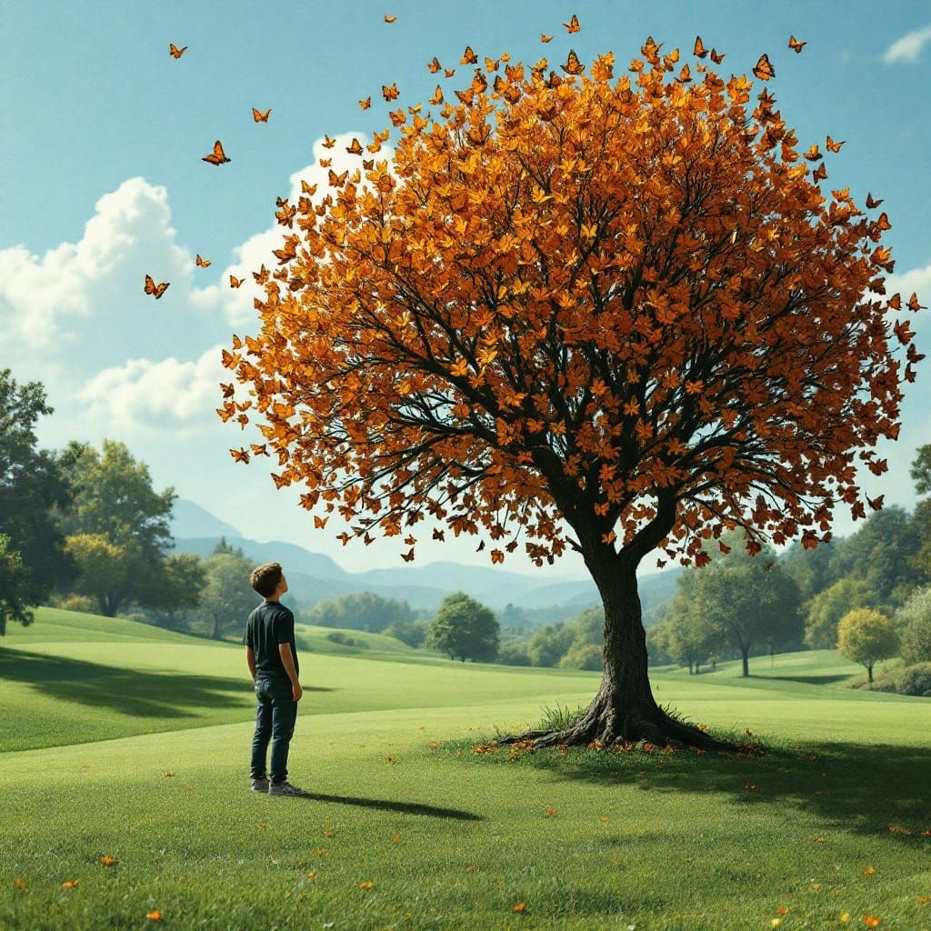 Boy Amazed by Monarch Butterfly Tree on Golf Course