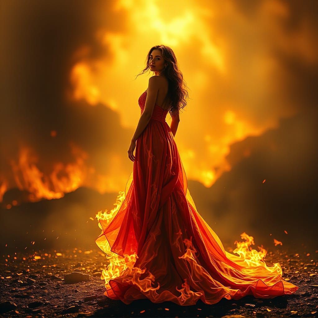 Woman in Flowing Gown of Fire with Golden Hour Light