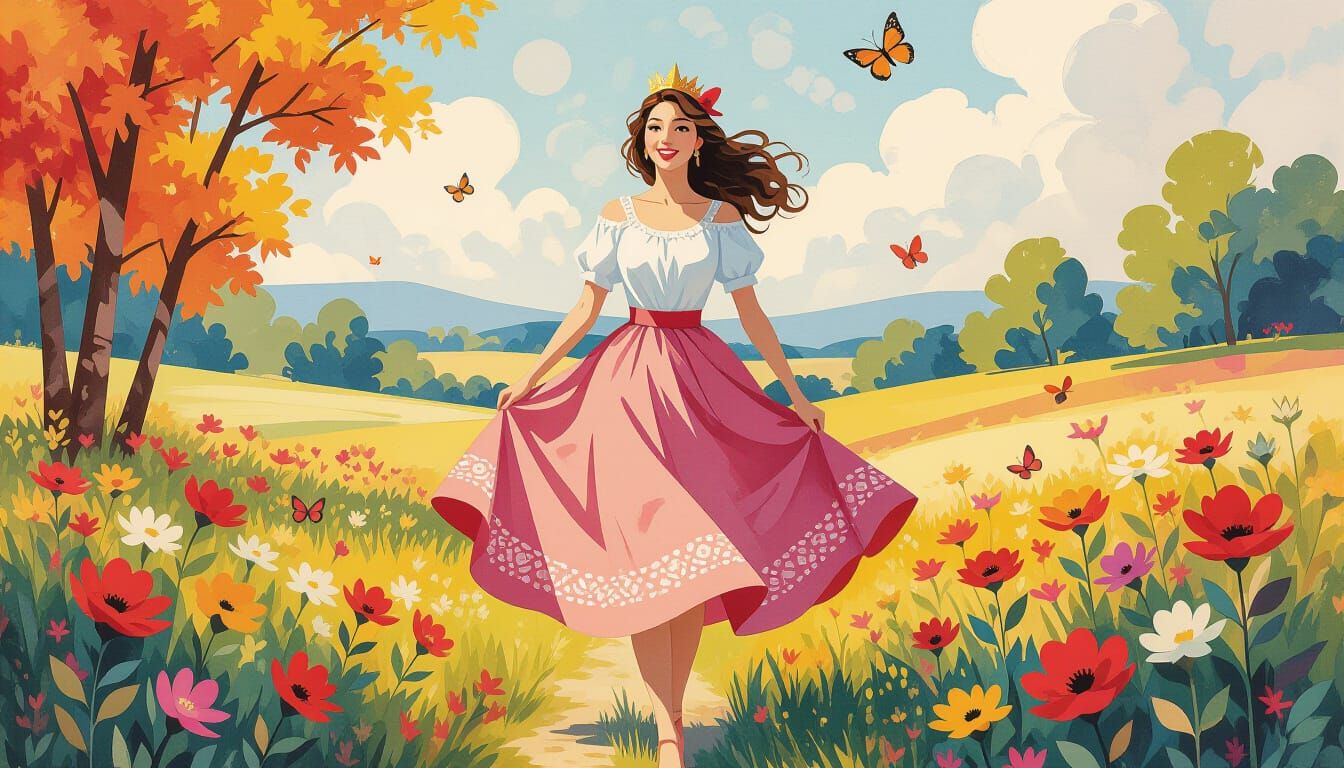 Princess in Garden Gathering Flowers, Gouache and Watercolor...