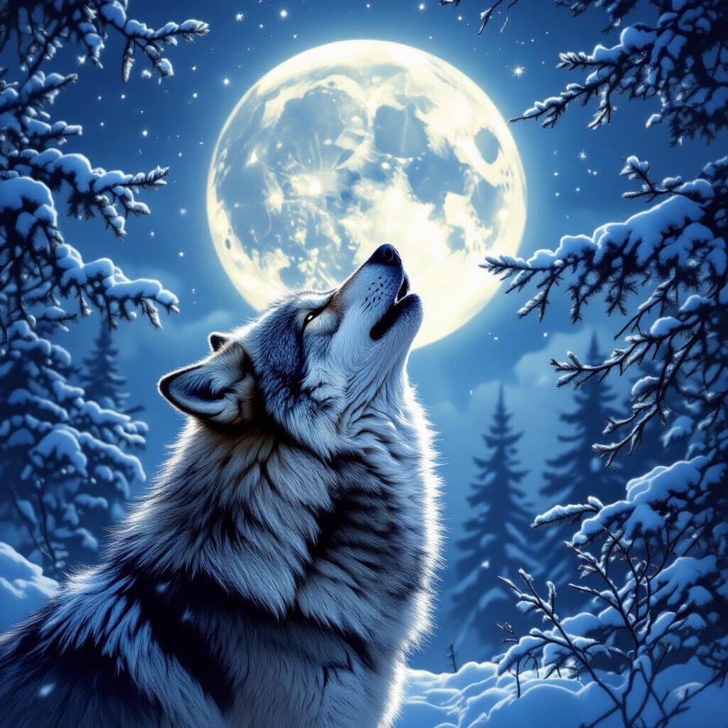 Lone Wolf Howling at Luminous Moon in Snowy Wilderness