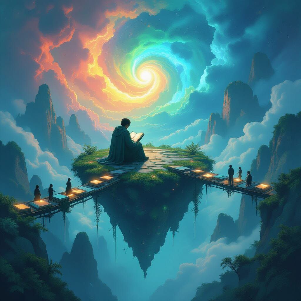 Surreal Floating Islands Connected by Book Bridges