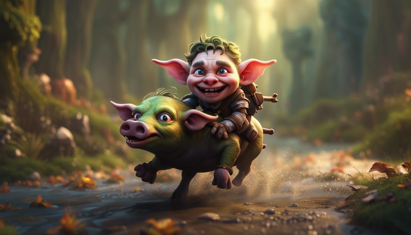 Smiling Goblin Riding Pig, Detailed Fantasy Art