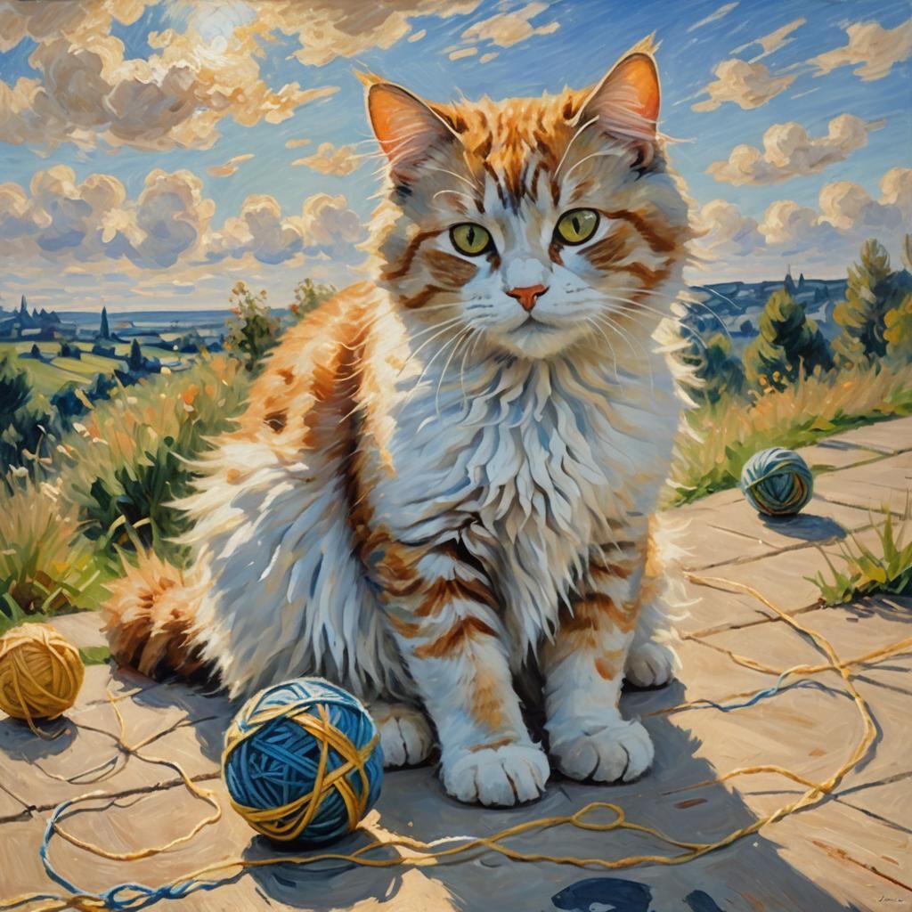 Cat Plays with Yarn in Impressionist Sunlight