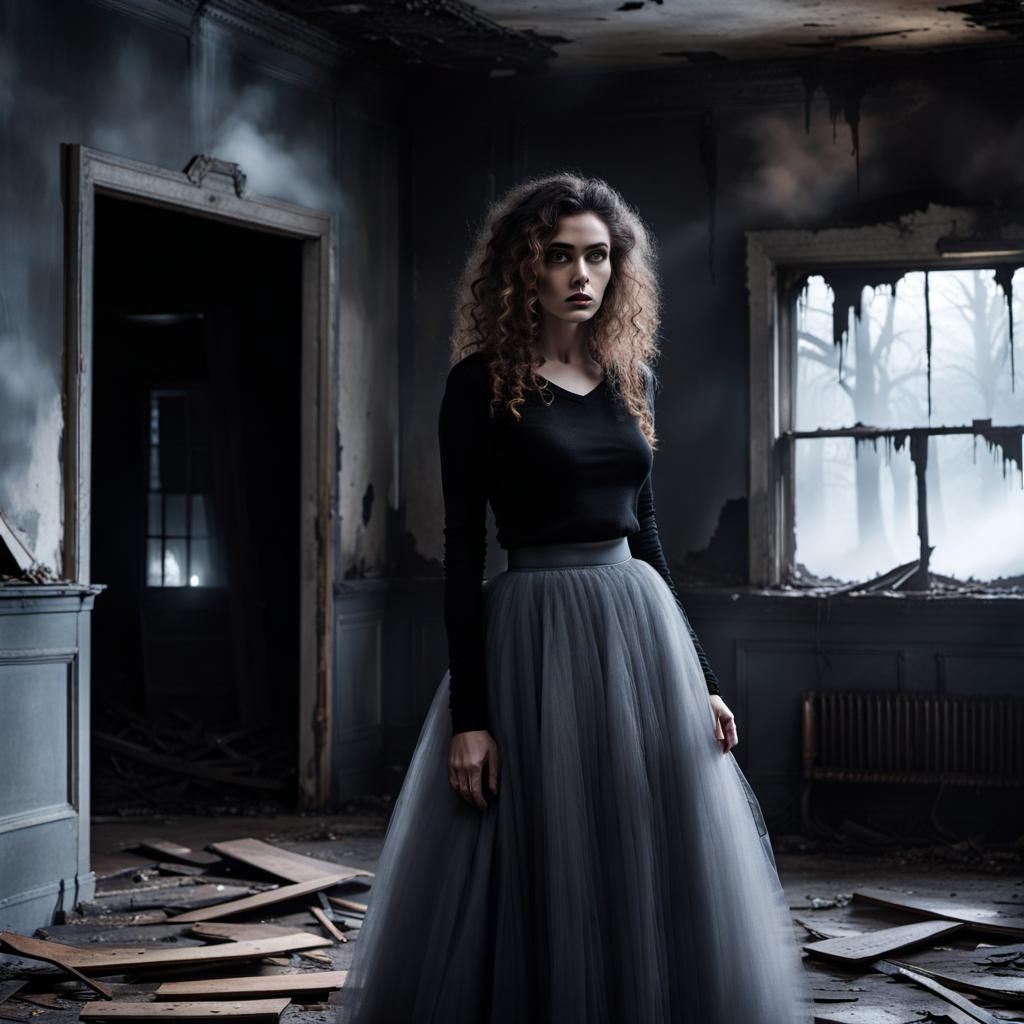 Eerie Abandoned House: Scared Girl in Misty Forest