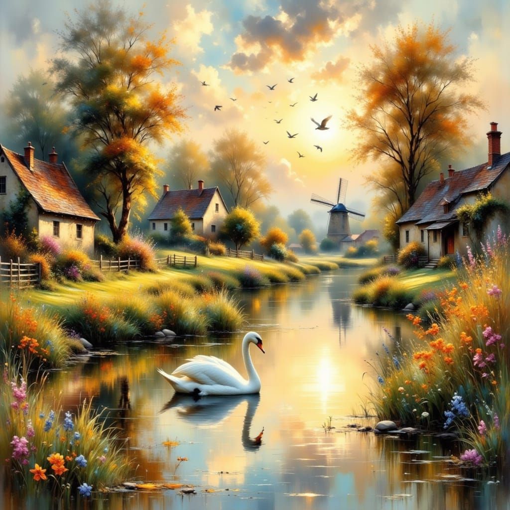 Swan on Pond in Impressionist Watercolour Style