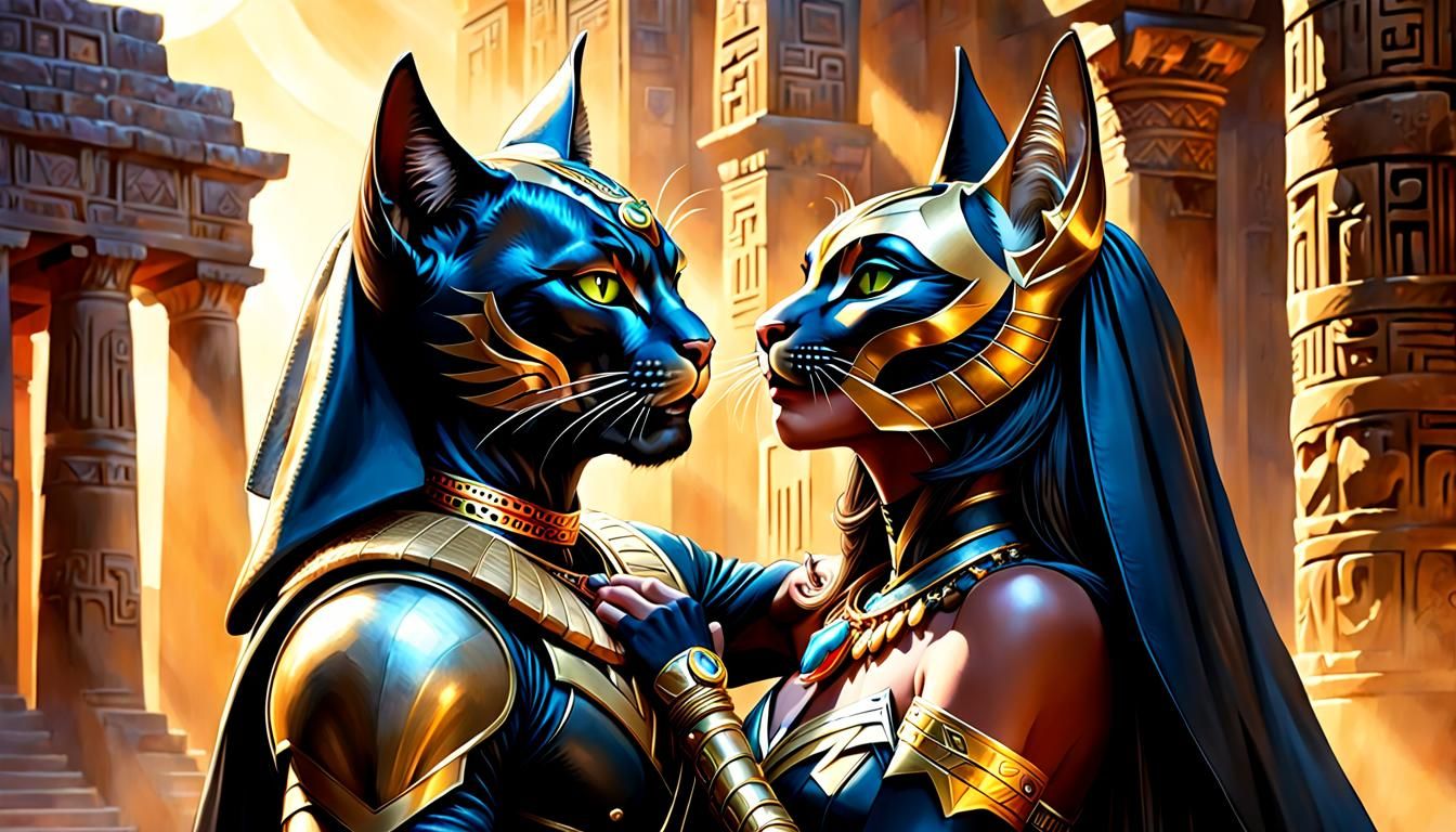 Cat-People Kissing: Hyperrealistic Digital Mayan Fantasy