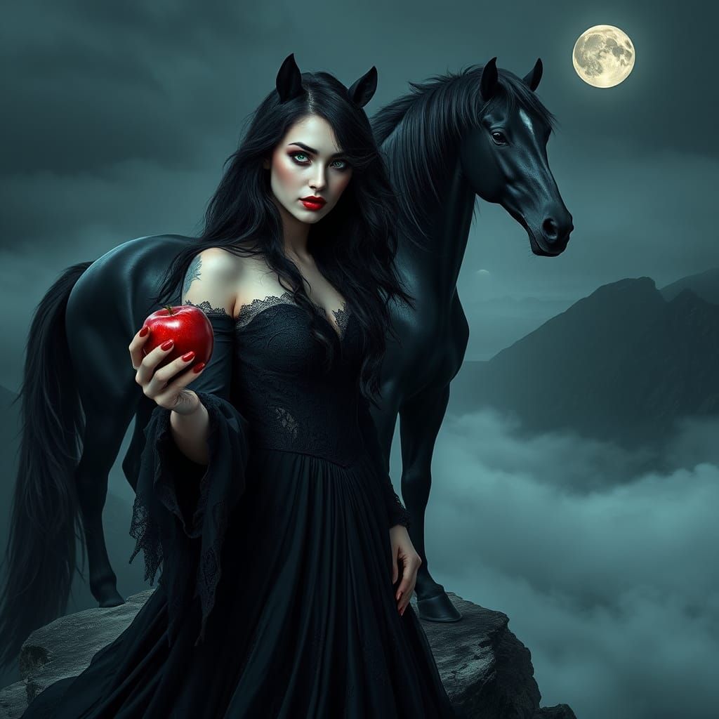 Vampire Woman with Horse on Cliff, Dark Fantasy