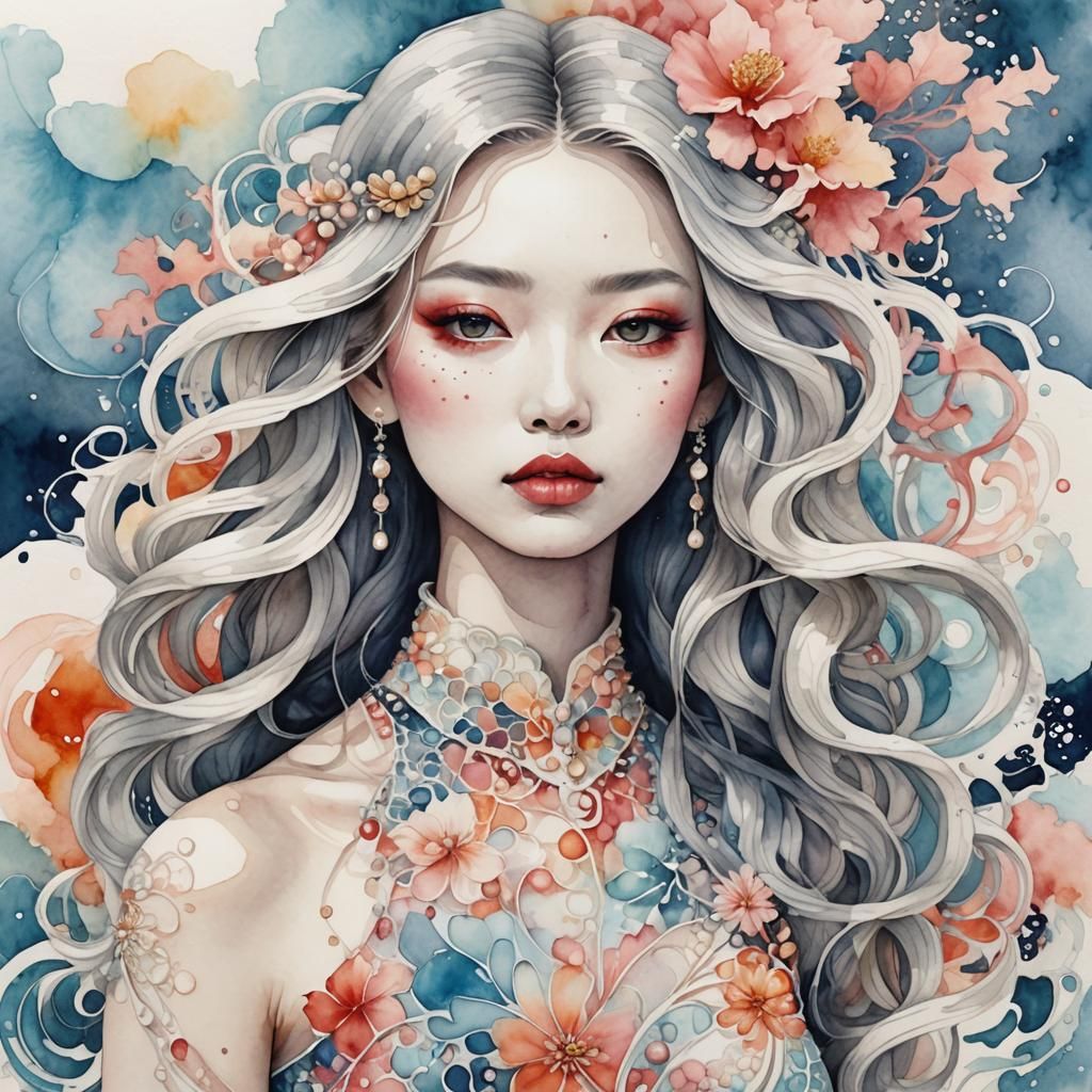 Watercolor Girl with Fading Dress and Hair