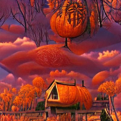 Autumn Pumpkin Cottage with Halloween Sunset