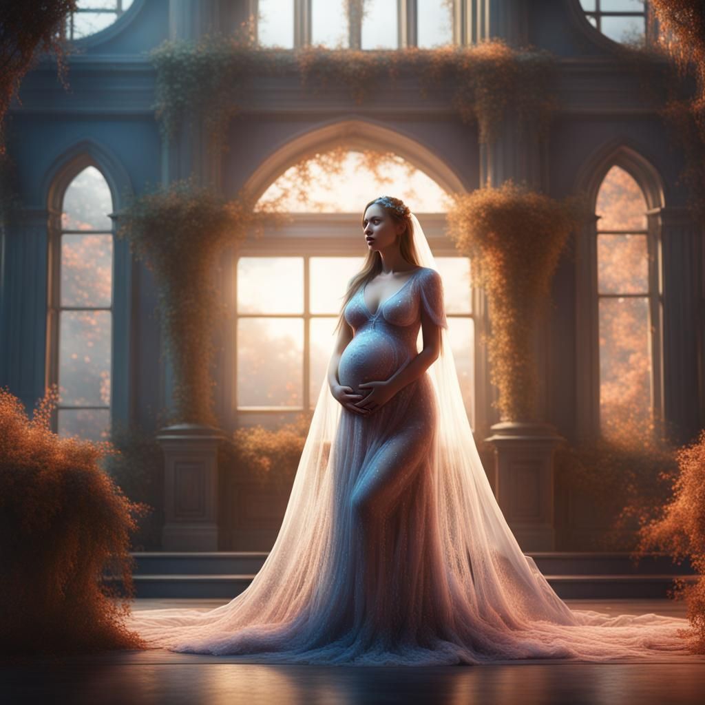 Pregnant Woman in See-Through Dress: Fantasy Art
