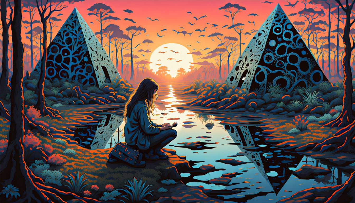 Surreal Woman Walks on Pyramids in Dreamlike Bio-Art