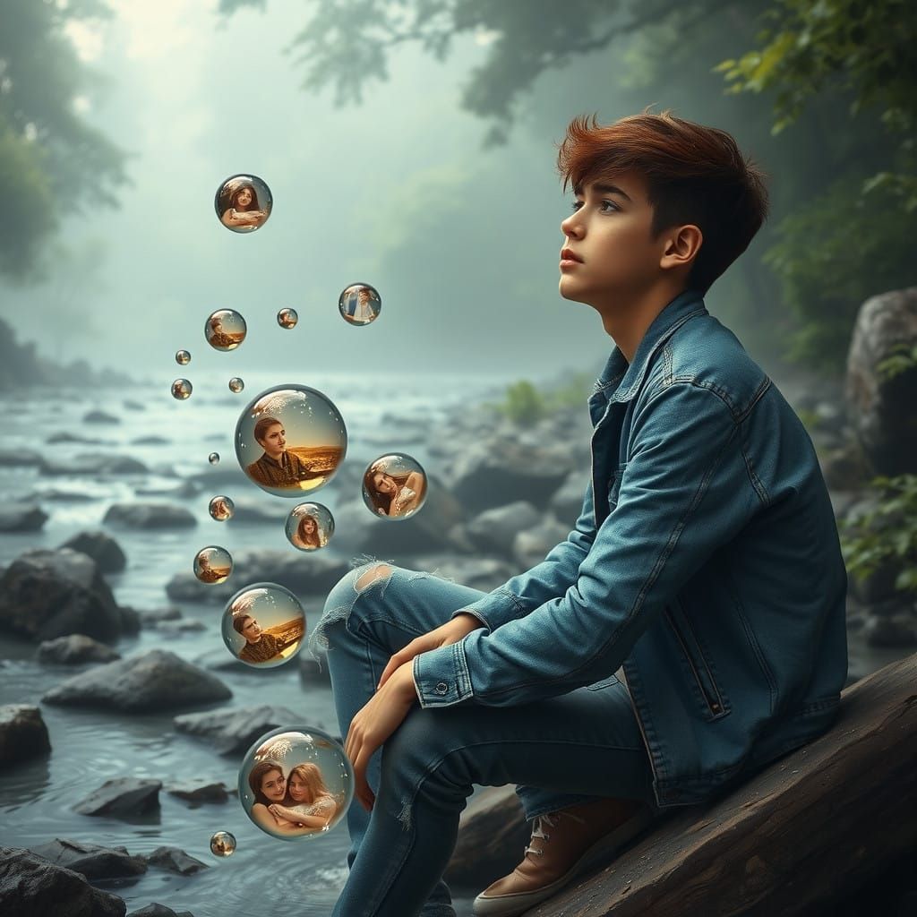 Young Man Contemplating Memories Beside River