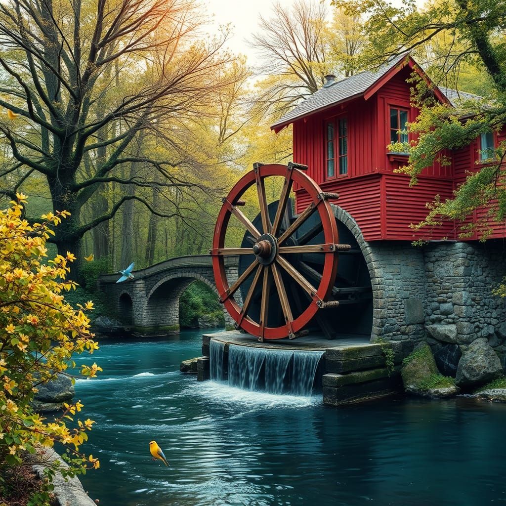 Red Mill with Water Wheel in Fragonard Style