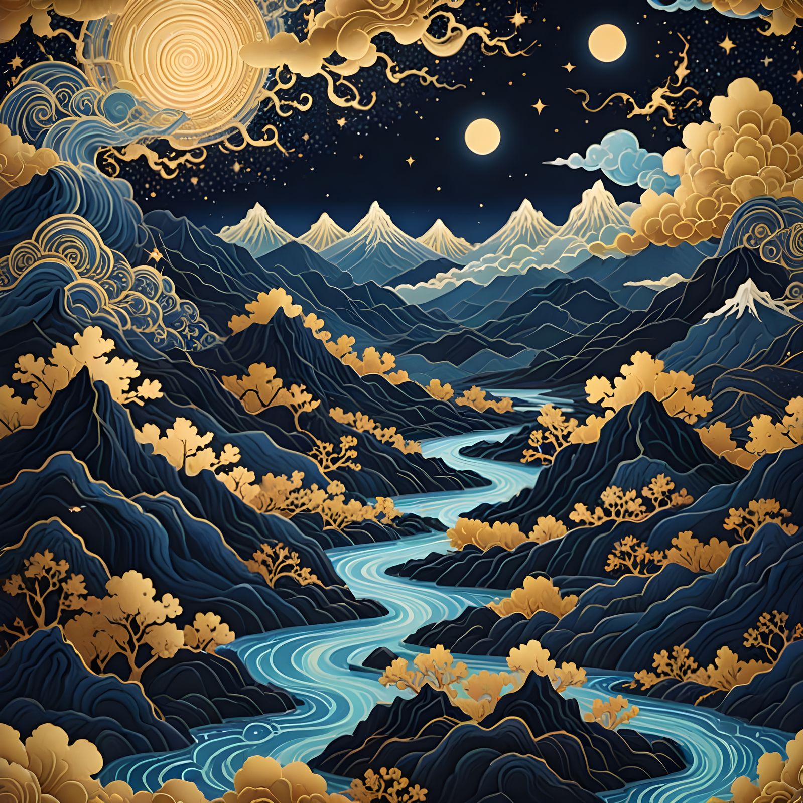 Cosmic Mythic Landscape with Dragon Spirits