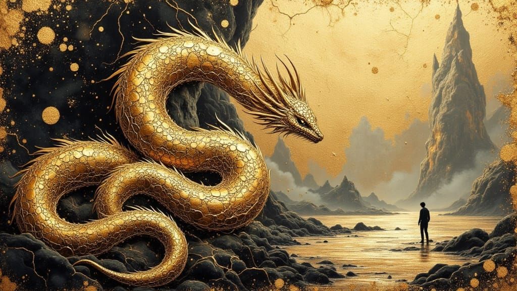 Golden Serpentine Creature Observes Adventurer