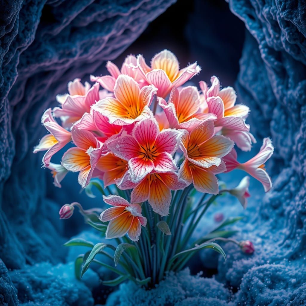 Vibrant Frost Flowers Bloom in Snowy Cavern