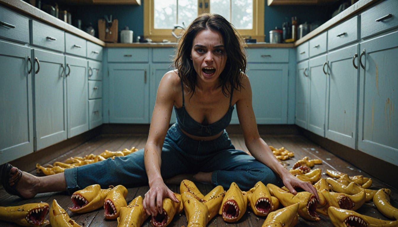 Terrified Woman in Kitchen Surrounded by Teeth