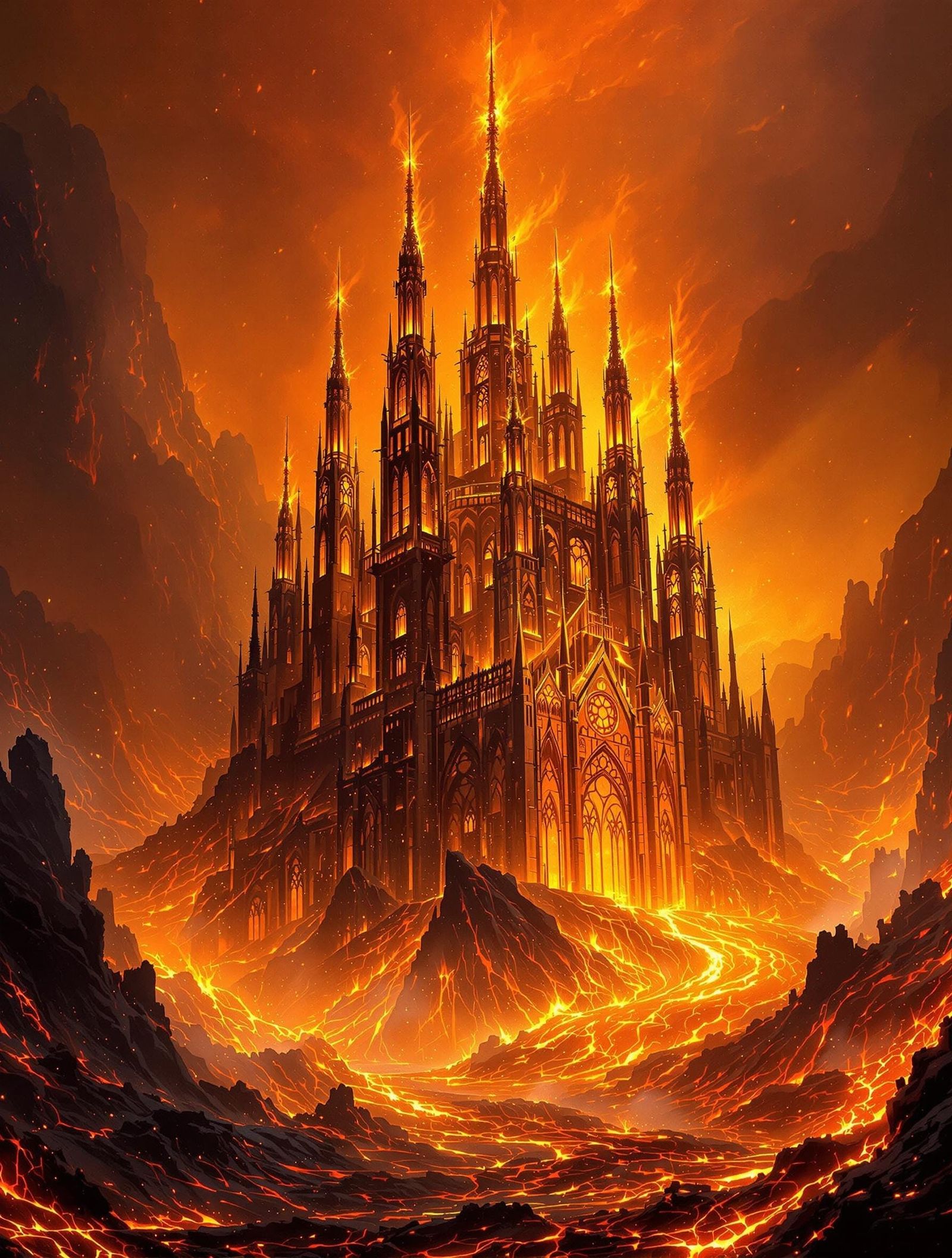 Fiery Gothic Cathedral in a Burning Wonderland