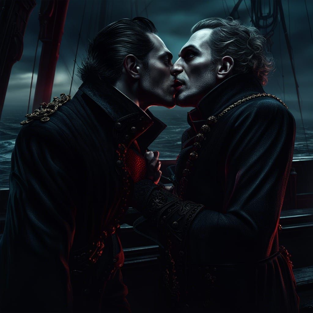 Gay Gothic Vampires Kiss in Noir Style