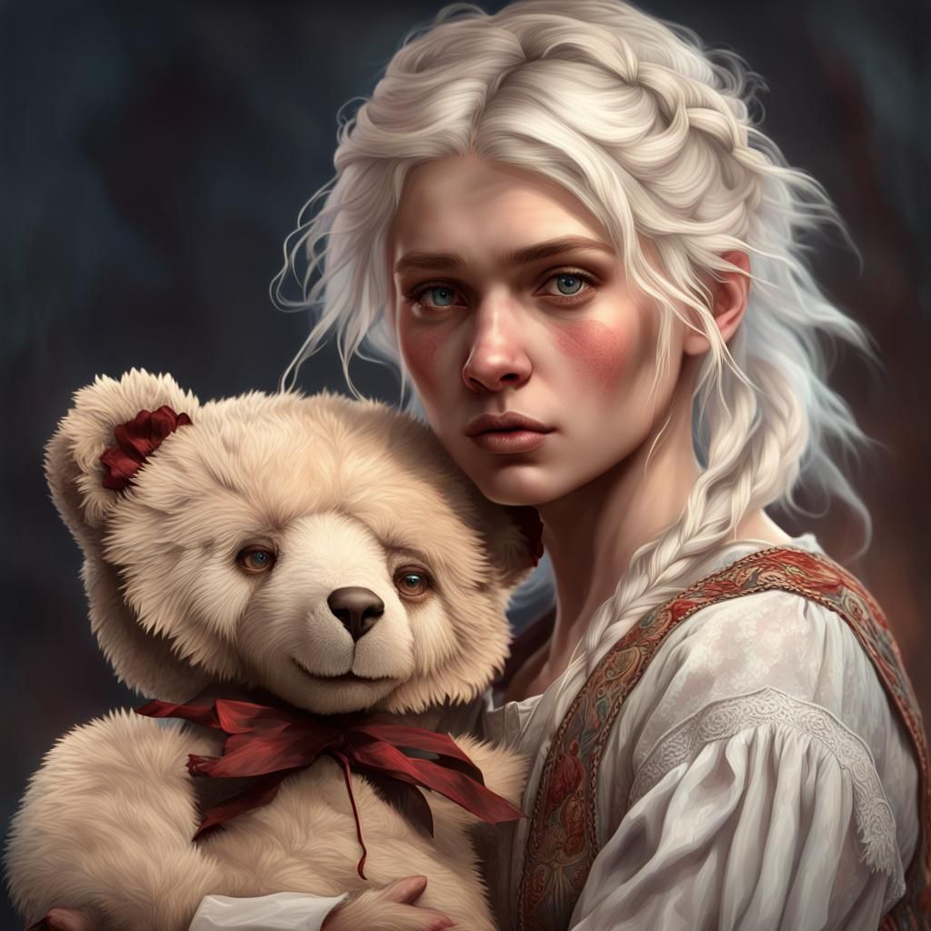 Distressed Slavic Woman with Teddy Bear, Hyperdetailed Art