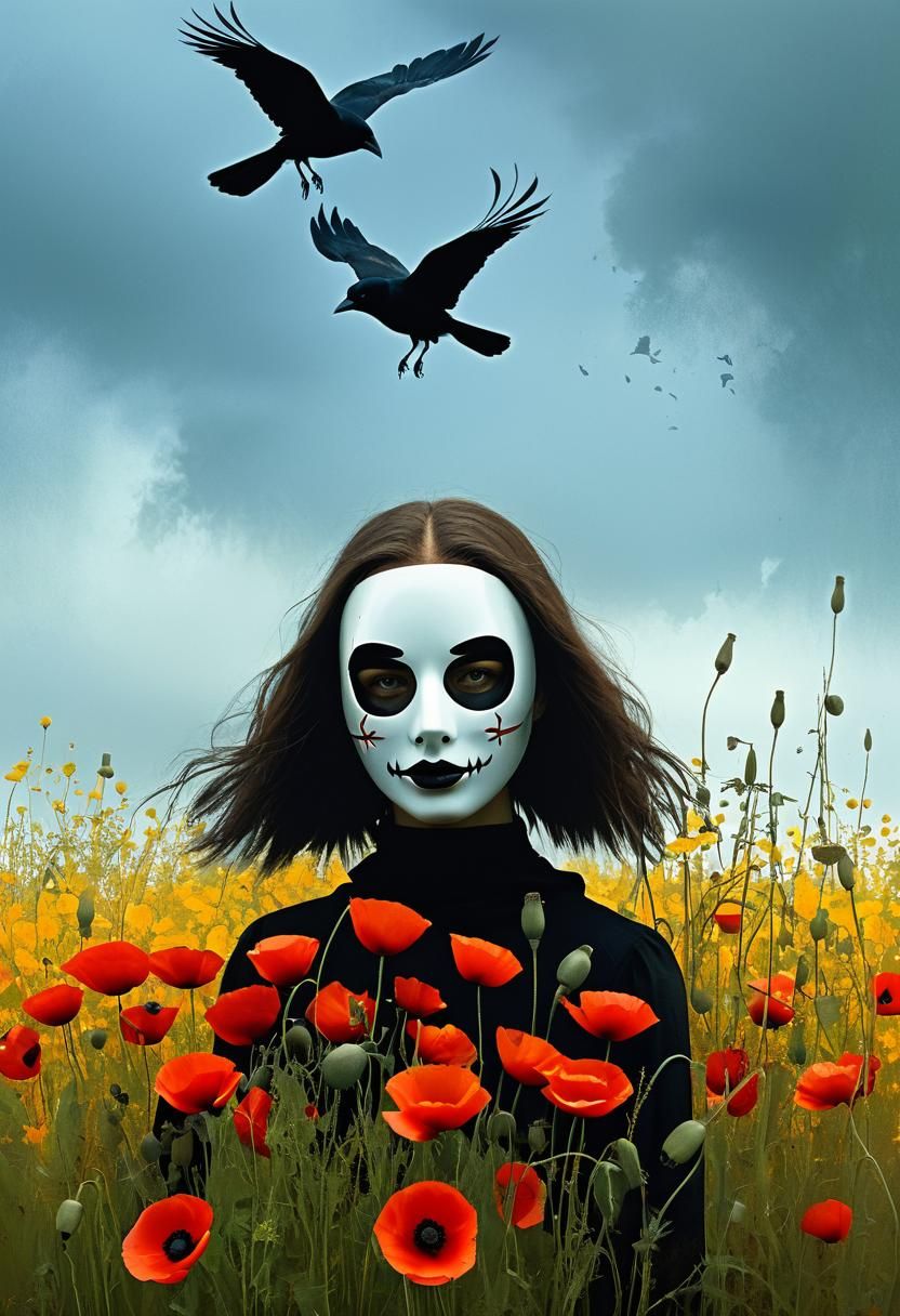 Eerie Girl with Crow in Dystopian Landscape