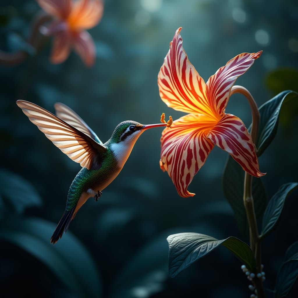 Hyperrealistic Hummingbird in Vibrant Jungle Scene