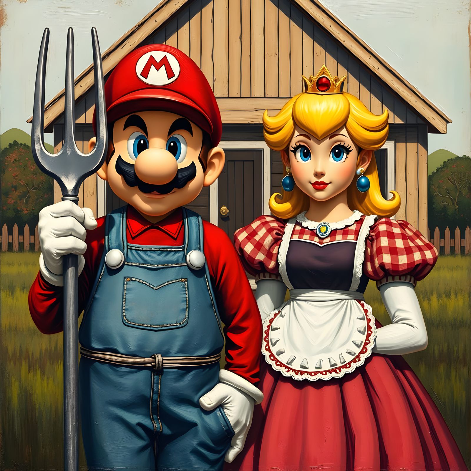 Mario and Peach in an American Gothic Masterpiece
