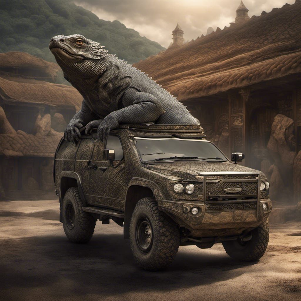 a vehicle that captures the essence of the Komodo dragon, with intricate patterns resembling reptilian scales and an air...