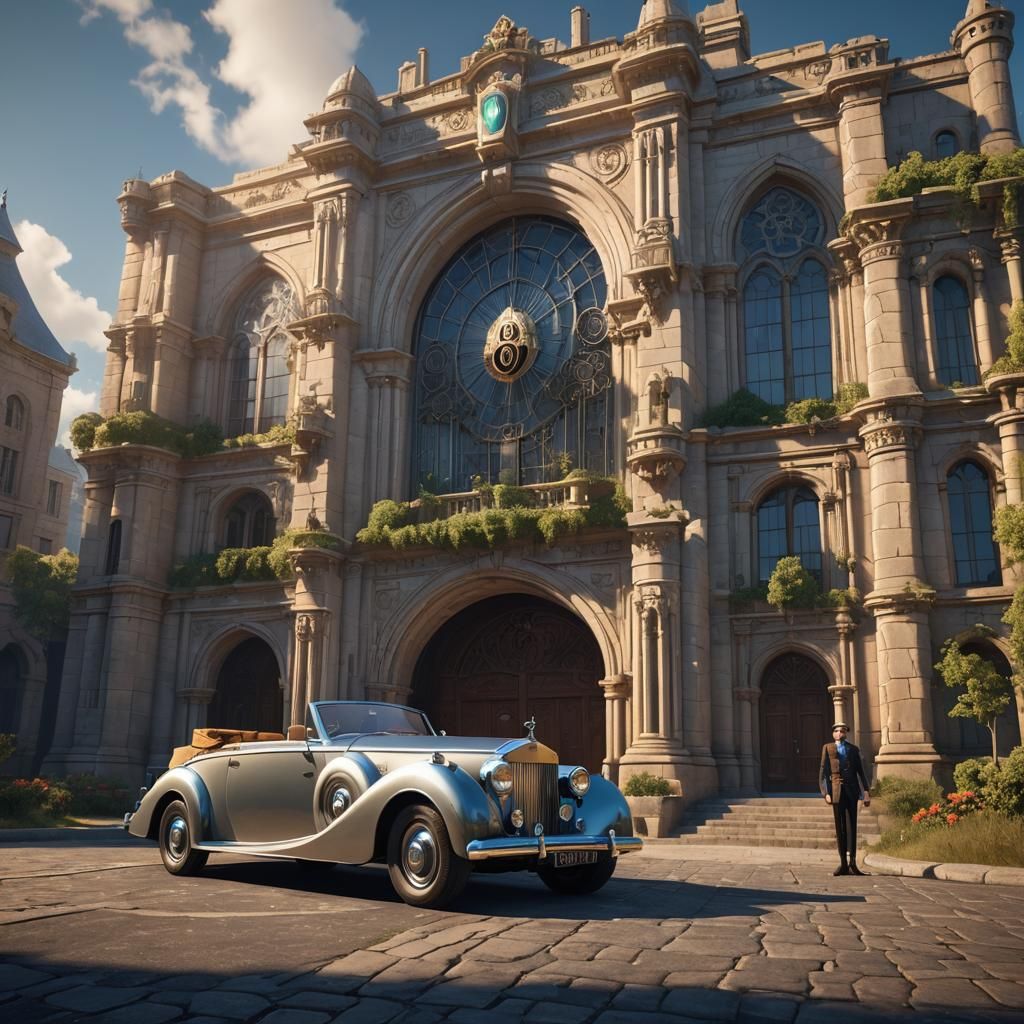 Elf with Flying Rolls Royce at Wizard University