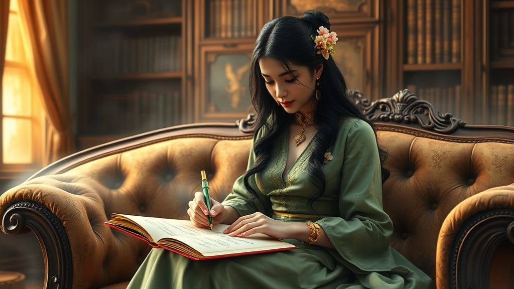 Elegant Lady in Misty Library