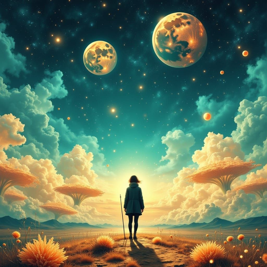 Surreal Twin Moon Landscape with Crystalline Flora