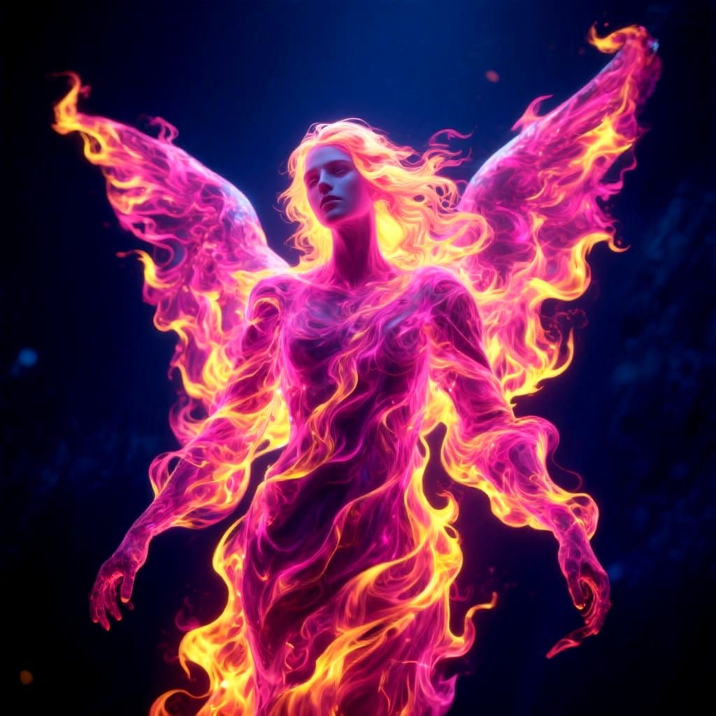 Ethereal Angel Composed of Flames in Dramatic Lighting